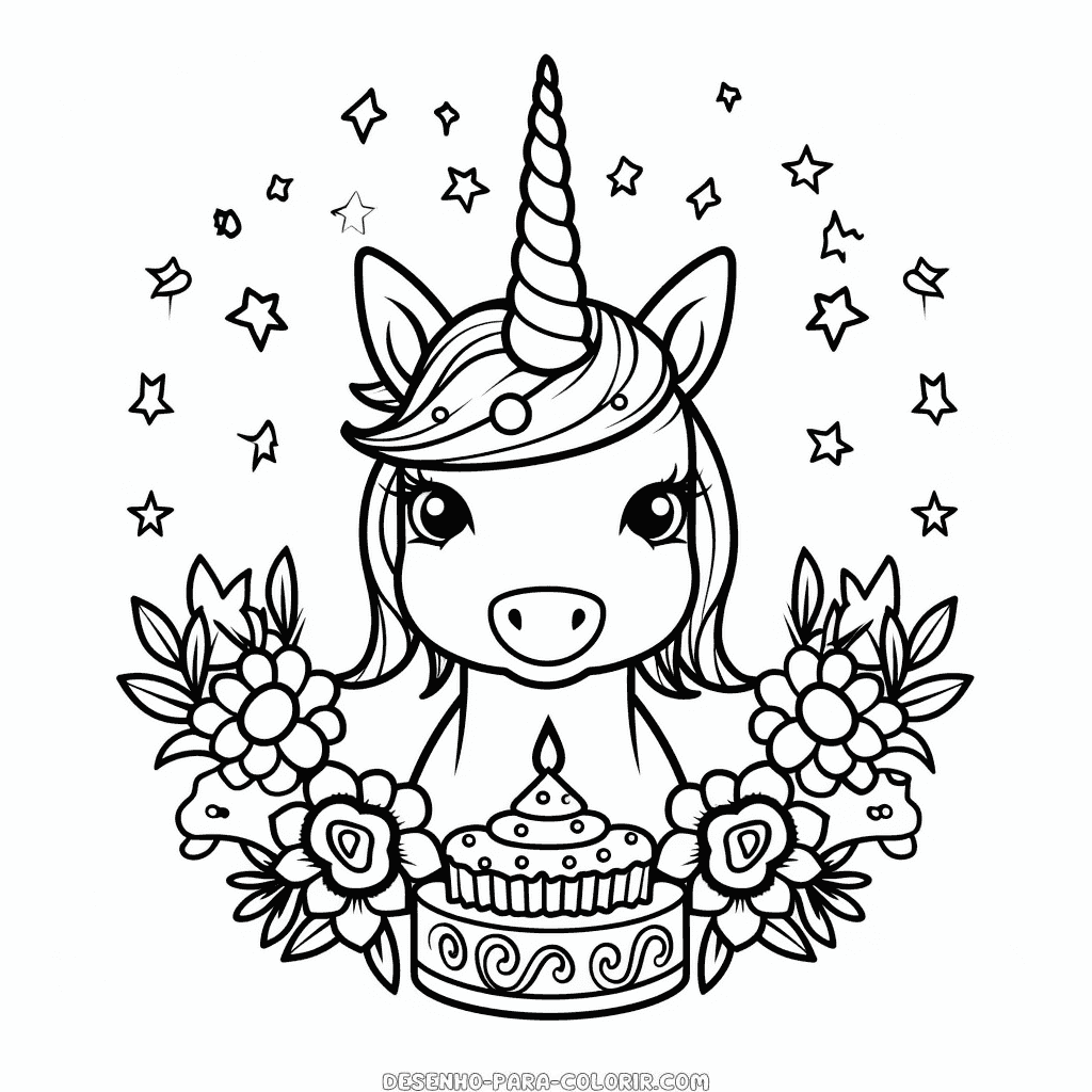 Desenho de aniversário do unicórnio para colorir