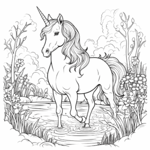 Desenho de aventuras de unicórnios na natureza para colorir
