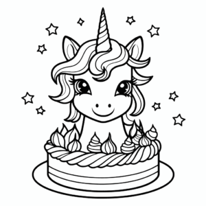 Desenho de bolo de aniversário de unicórnio para colorir