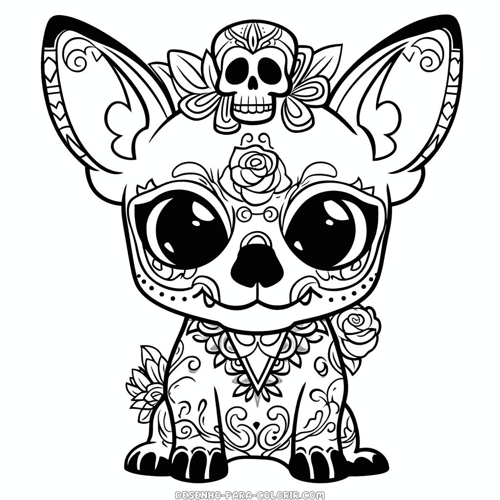 Desenho de cachorro com caveira de açúcar para colorir