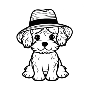 Desenho de cachorro com chapéu de praia para colorir