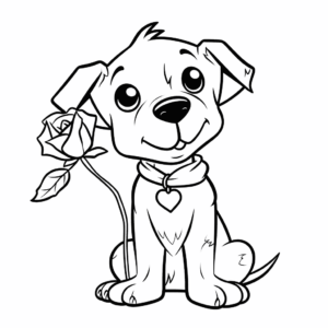 Desenho de cachorro com uma rosa para colorir