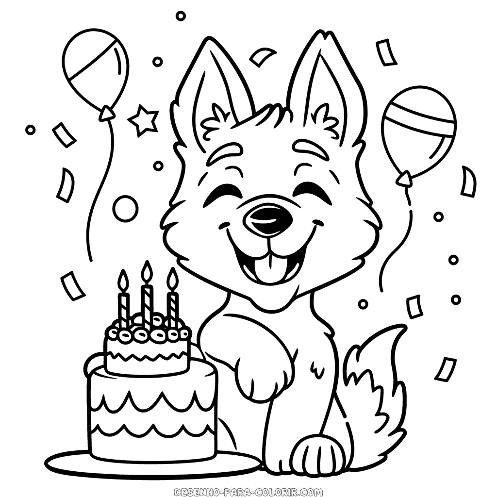 Desenho de cachorro comemorando aniversário para colorir