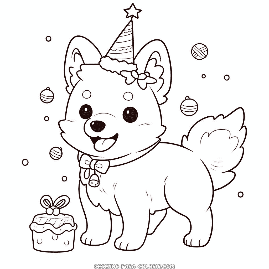 Desenho de cachorro comemorando o natal para colorir