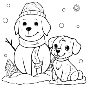 Desenho de cachorro e boneco de neve para colorir