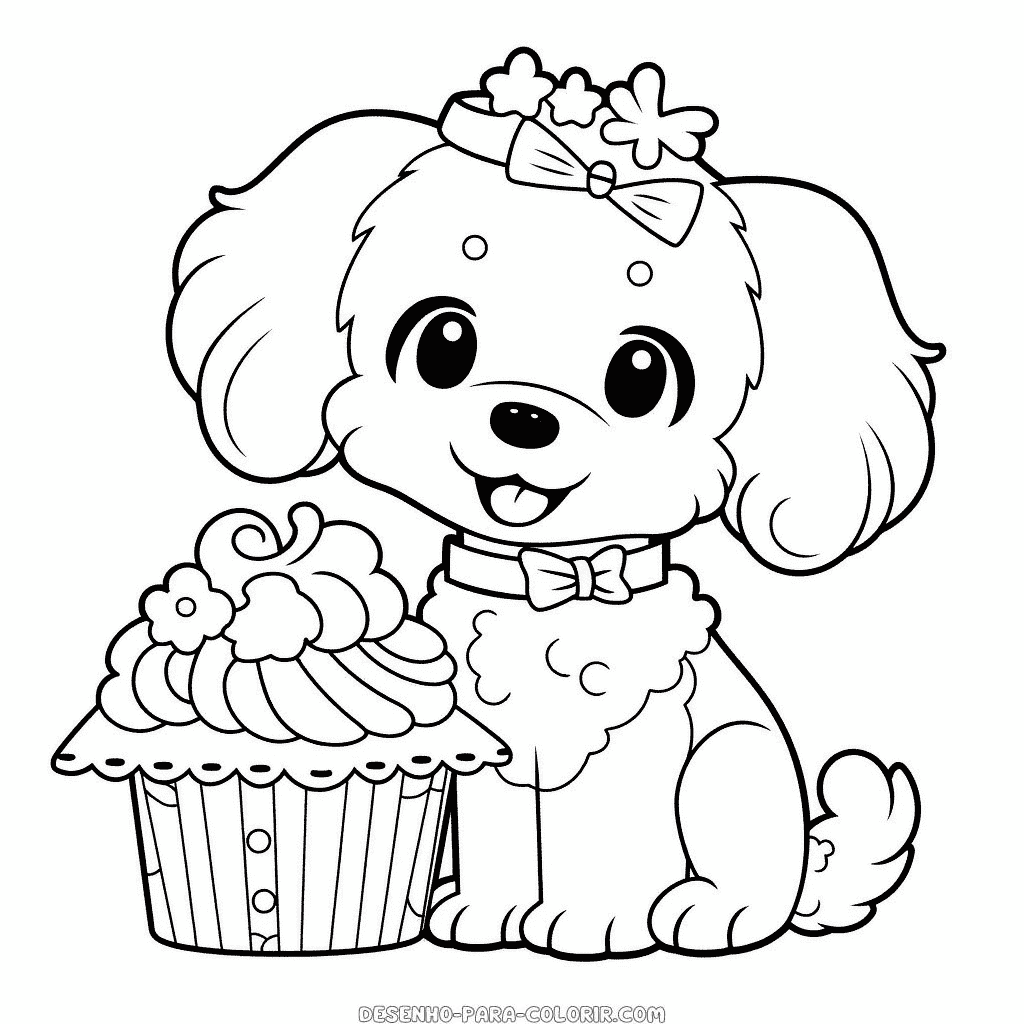 Desenho de cachorro e cupcakes para colorir