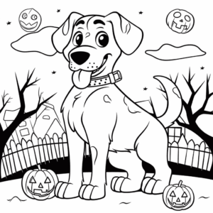 Desenho de cachorro em uma festa de halloween para colorir