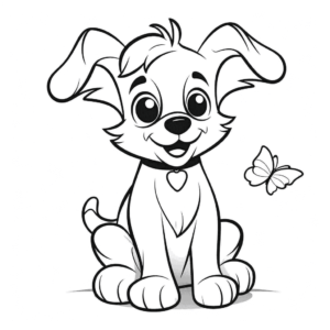 Desenho de cachorro feliz com borboleta para colorir