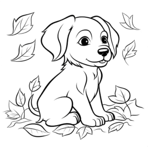 Desenho de cachorro fofo nas folhas para colorir