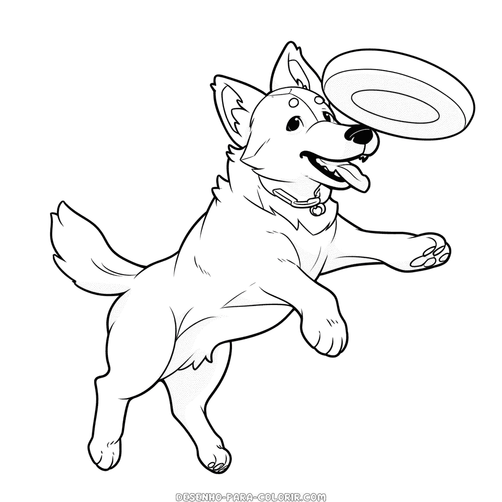 Desenho de cão brincando de frisbee para colorir