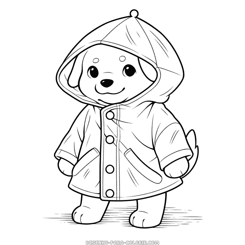 Desenho de cão com capa de chuva para colorir