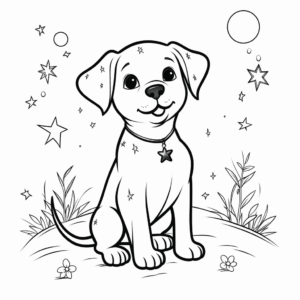 Desenho de cão com estrelas ao redor para colorir