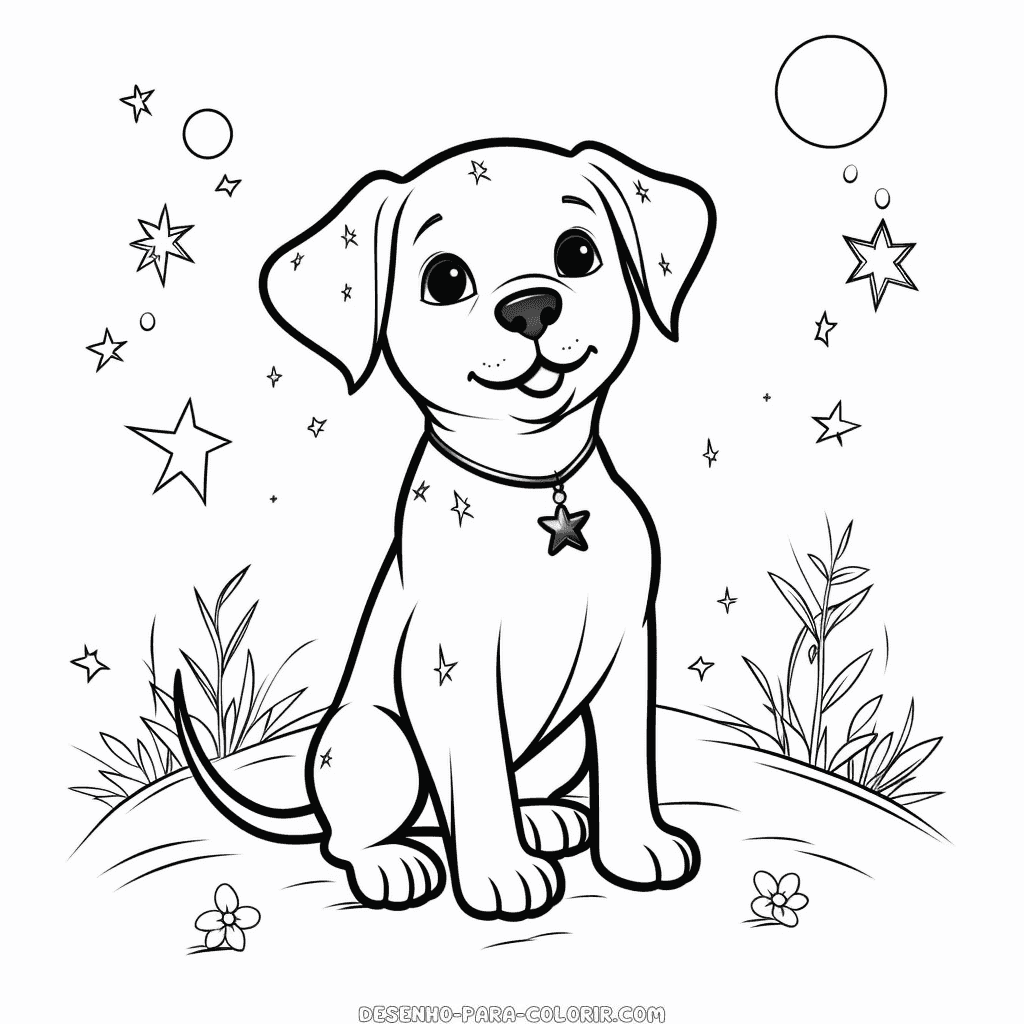 Desenho de cão com estrelas ao redor para colorir
