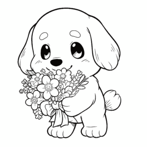 Desenho de cão com flores para colorir