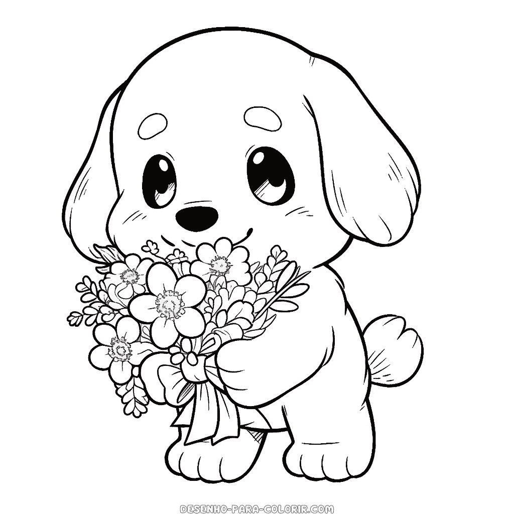 Desenho de cão com flores para colorir