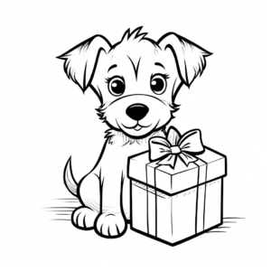 Desenho de cão com um presente de aniversário para colorir