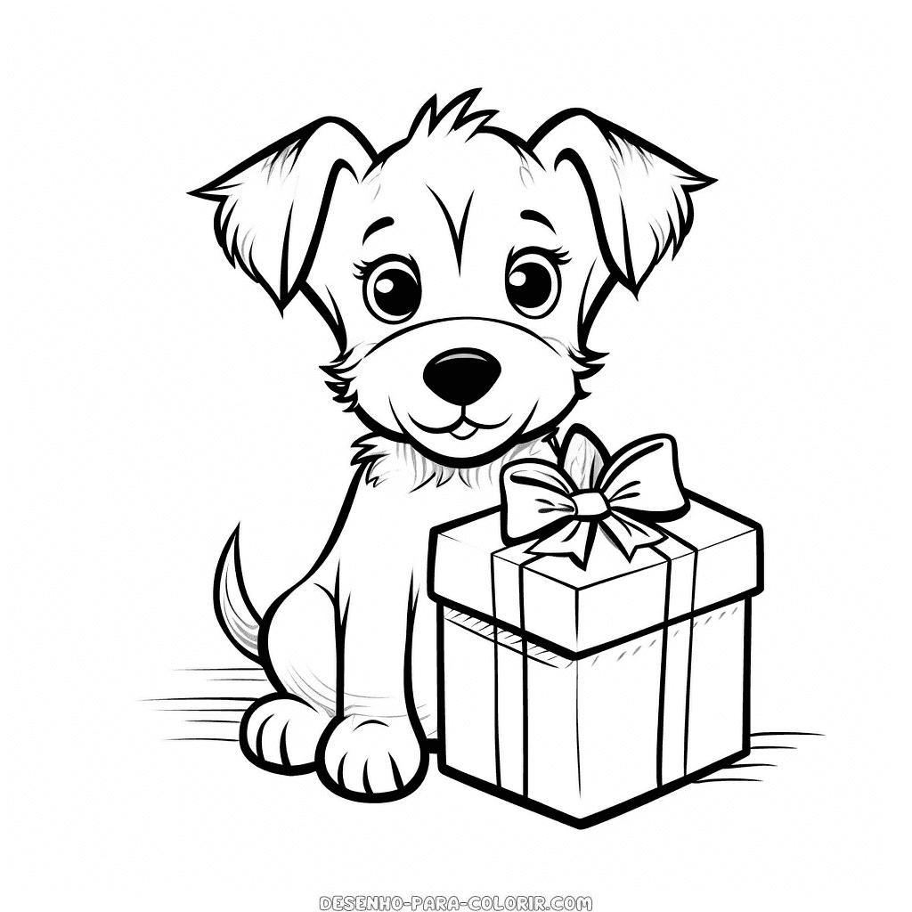 Desenho de cão com um presente de aniversário para colorir