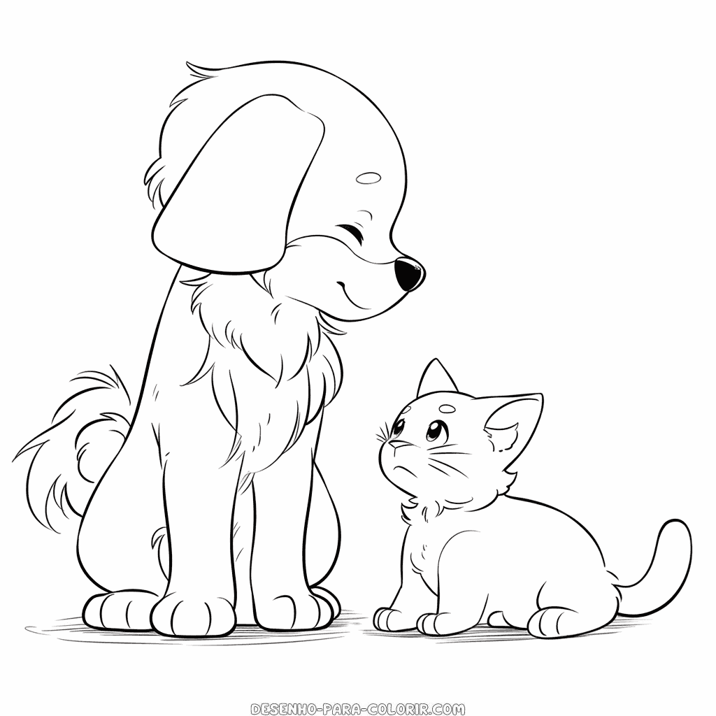 Desenho de cão e gatinho para colorir