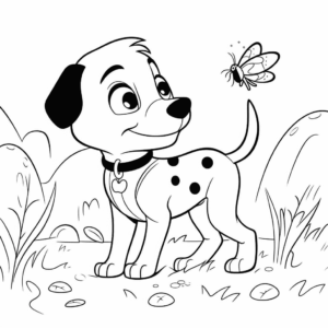 Desenho de cão e joaninha para colorir