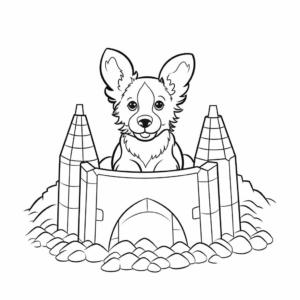 Desenho de cão em um castelo de areia para colorir