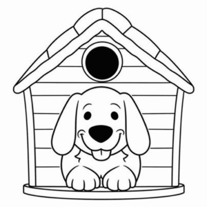 Desenho de cão na casinha de cachorro para colorir
