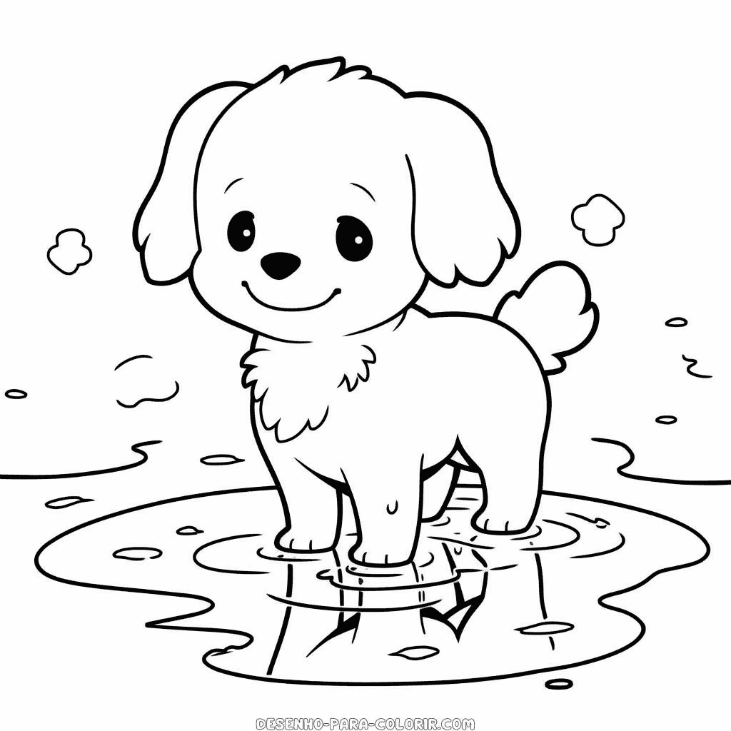 Desenho de cão na poça para colorir