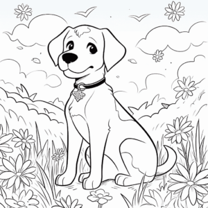 Desenho de cão no prado para colorir