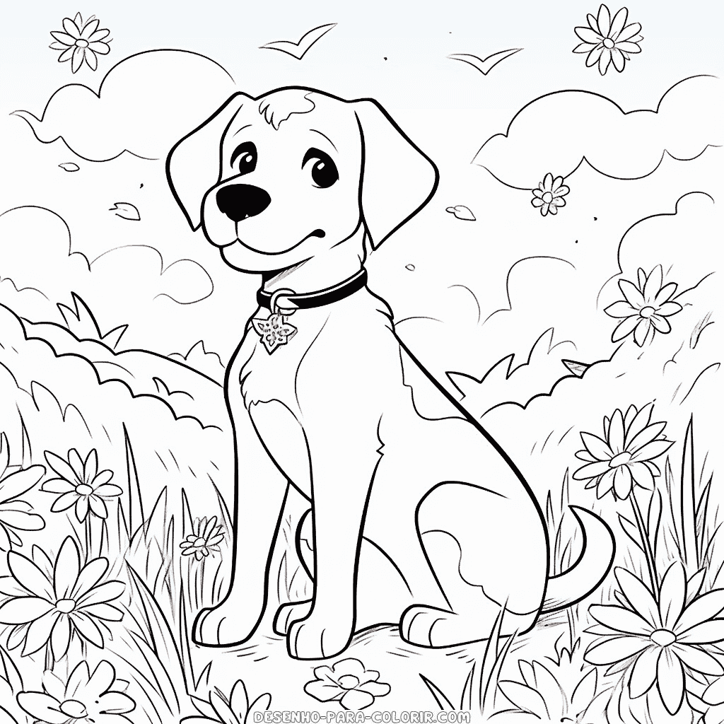 Desenho de cão no prado para colorir