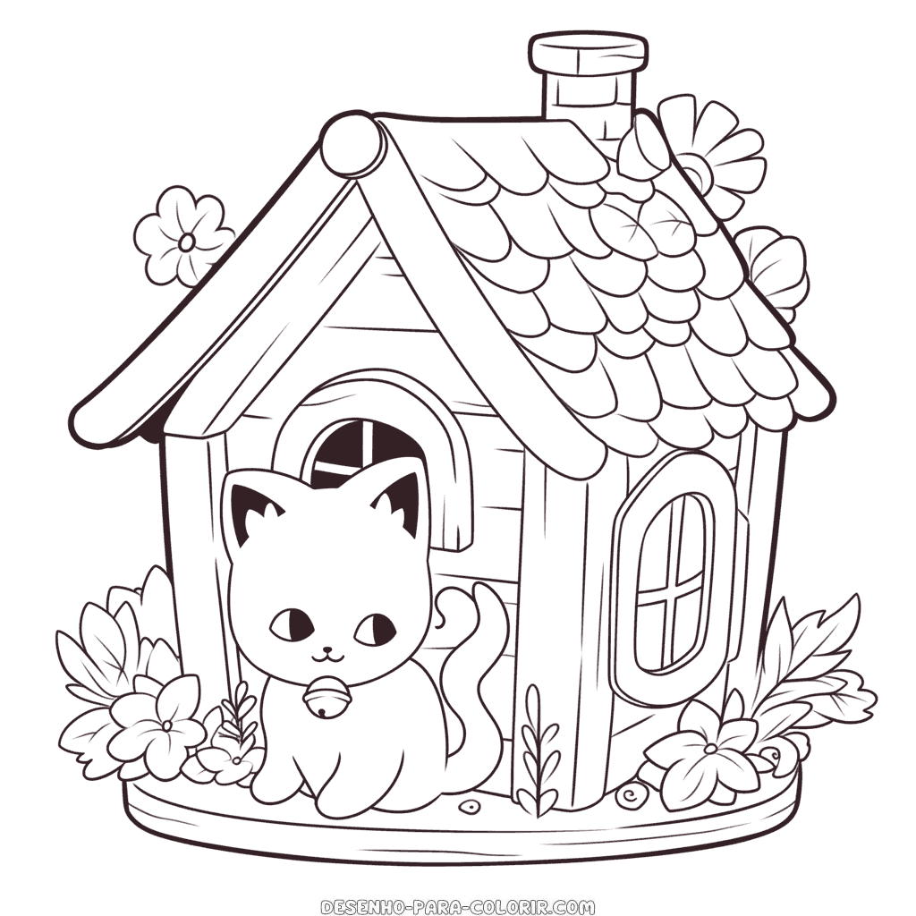 Desenho de casa para gatos para colorir