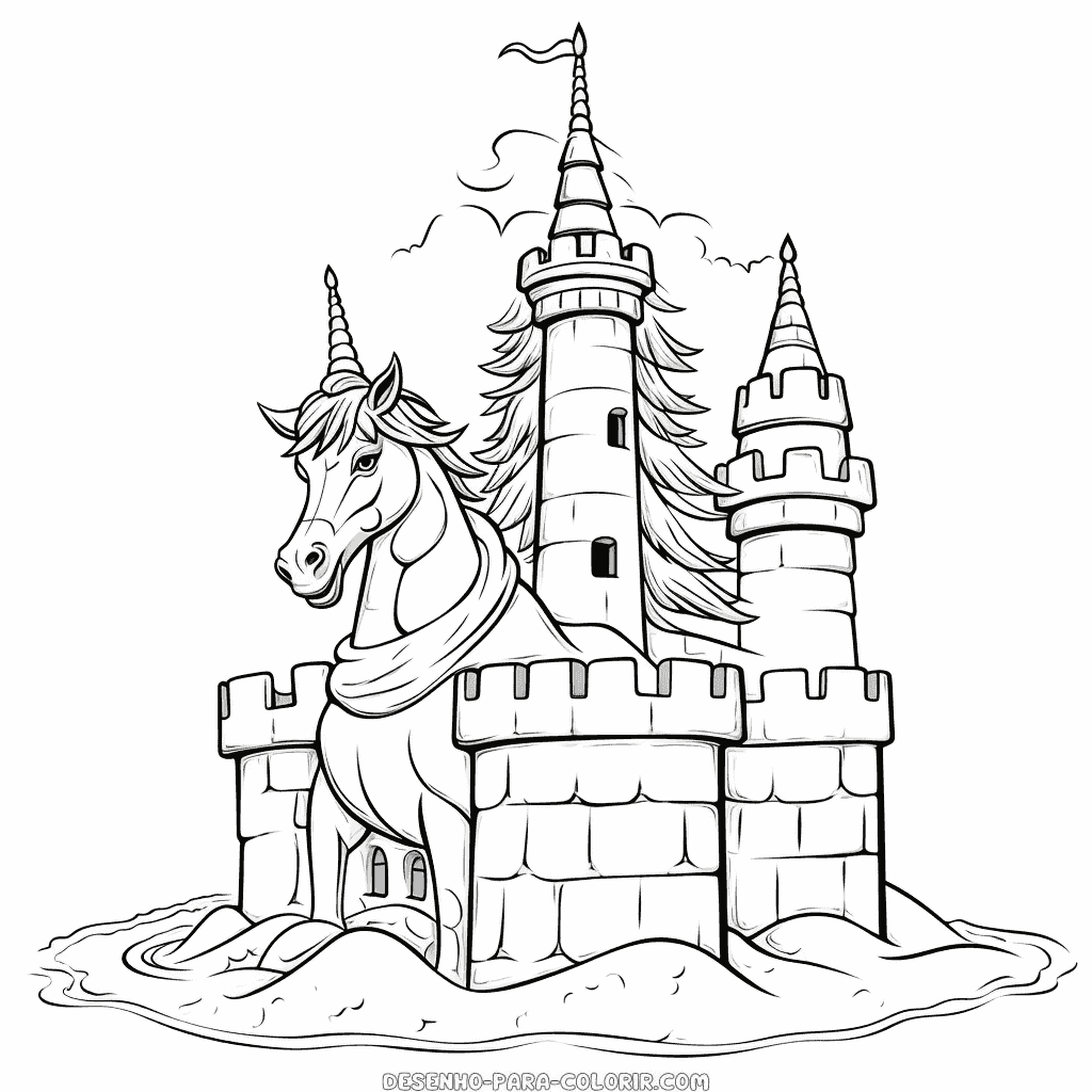 Desenho de castelo de areia de unicórnio para colorir