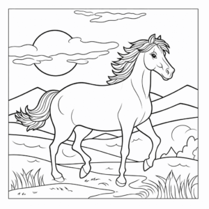 Desenho de cavalo ao nascer do sol para colorir