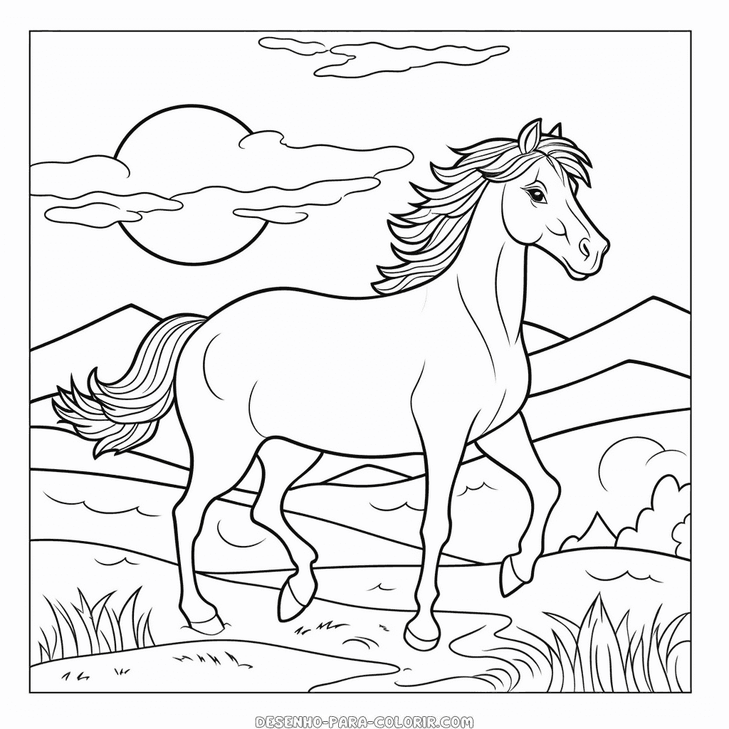 Desenho de cavalo ao nascer do sol para colorir