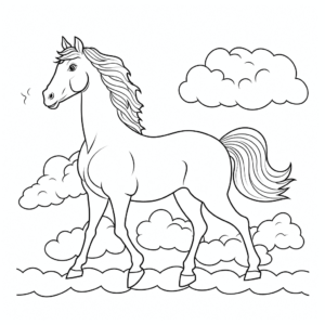 Desenho de cavalo com nuvens para colorir