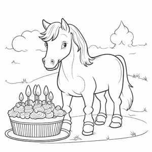 Desenho de cavalo com um bolo de aniversário para colorir