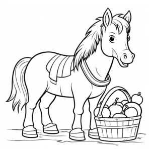 Desenho de cavalo com uma cesta de piquenique para colorir
