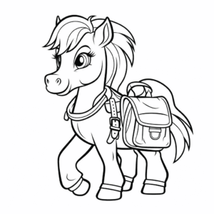 Desenho de cavalo com uma mochila para colorir