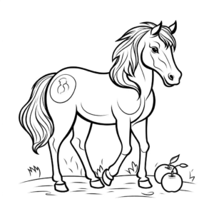 Desenho de cavalo comendo maçãs para colorir
