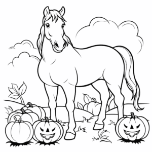 Desenho de cavalo e abóboras para colorir