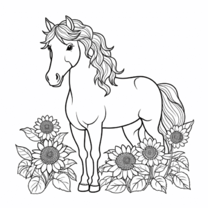 Desenho de cavalo e girassóis para colorir