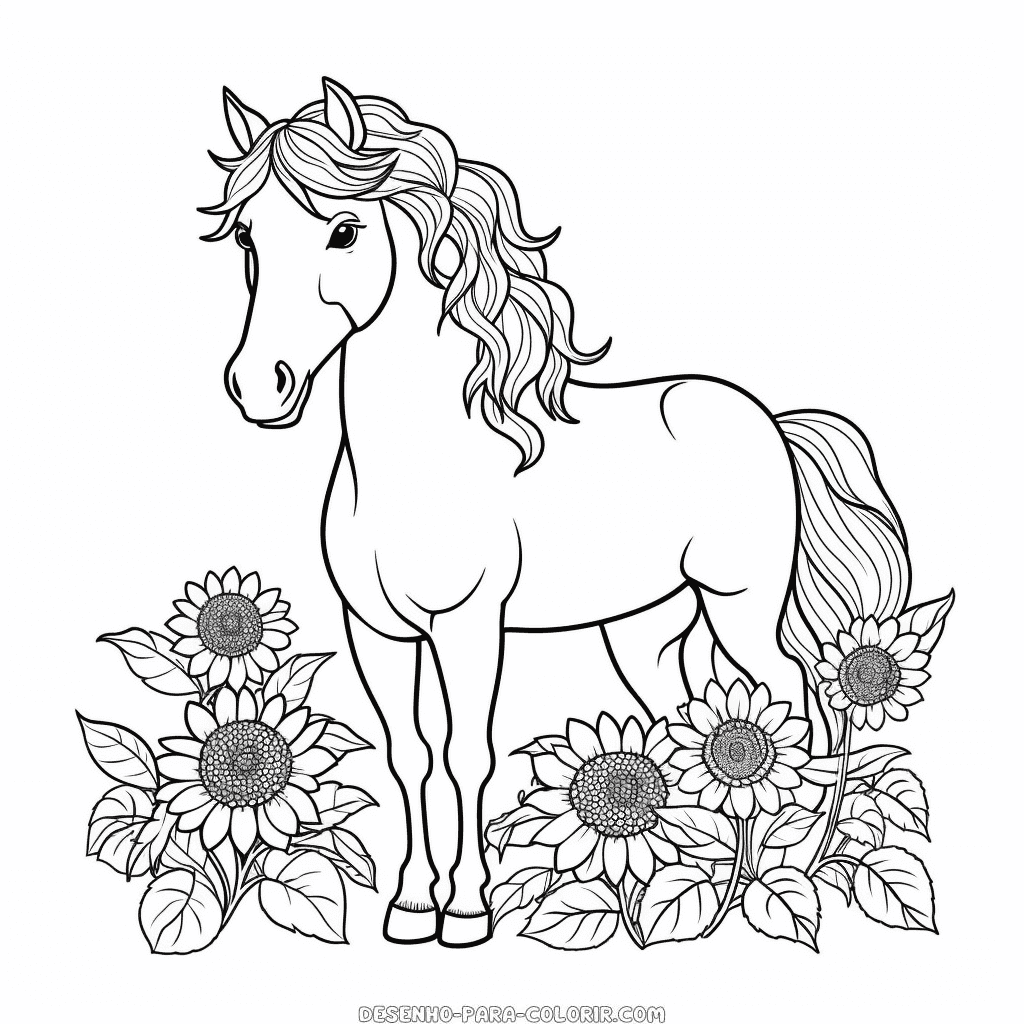 Desenho de cavalo e girassóis para colorir