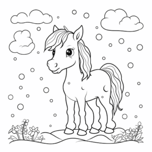 Desenho de cavalo e gotas de chuva para colorir
