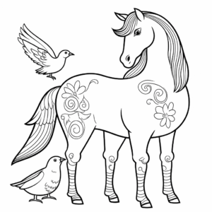 Desenho de cavalo e pombas para colorir