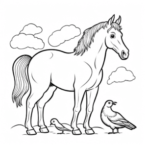 Desenho de cavalo e pombos para colorir