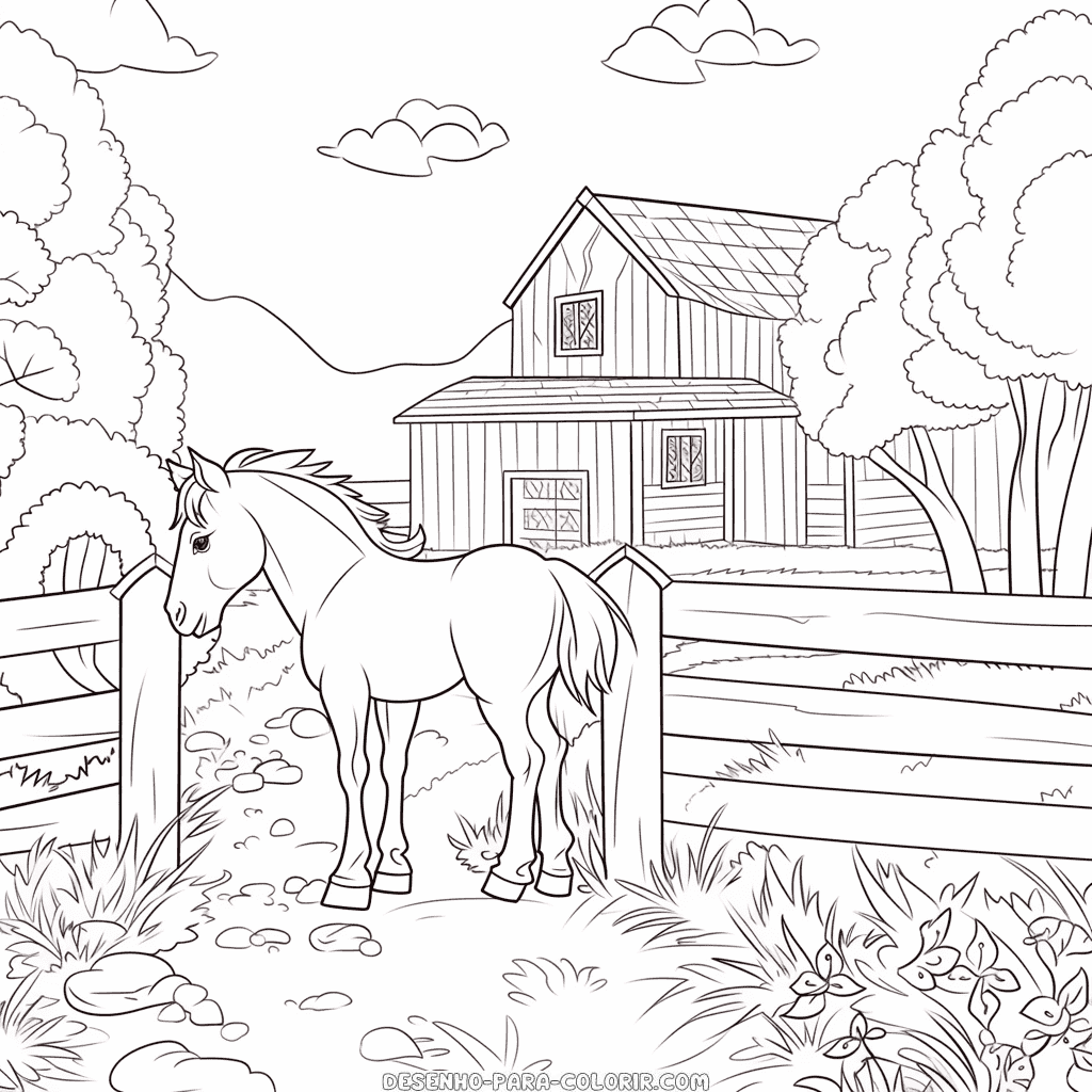Desenho de cavalo na fazenda para colorir