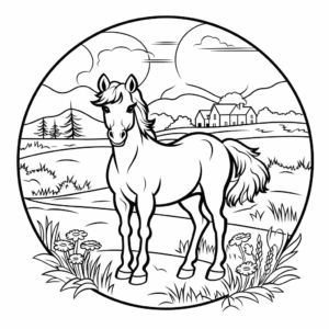 Desenho de cavalo no prado para colorir
