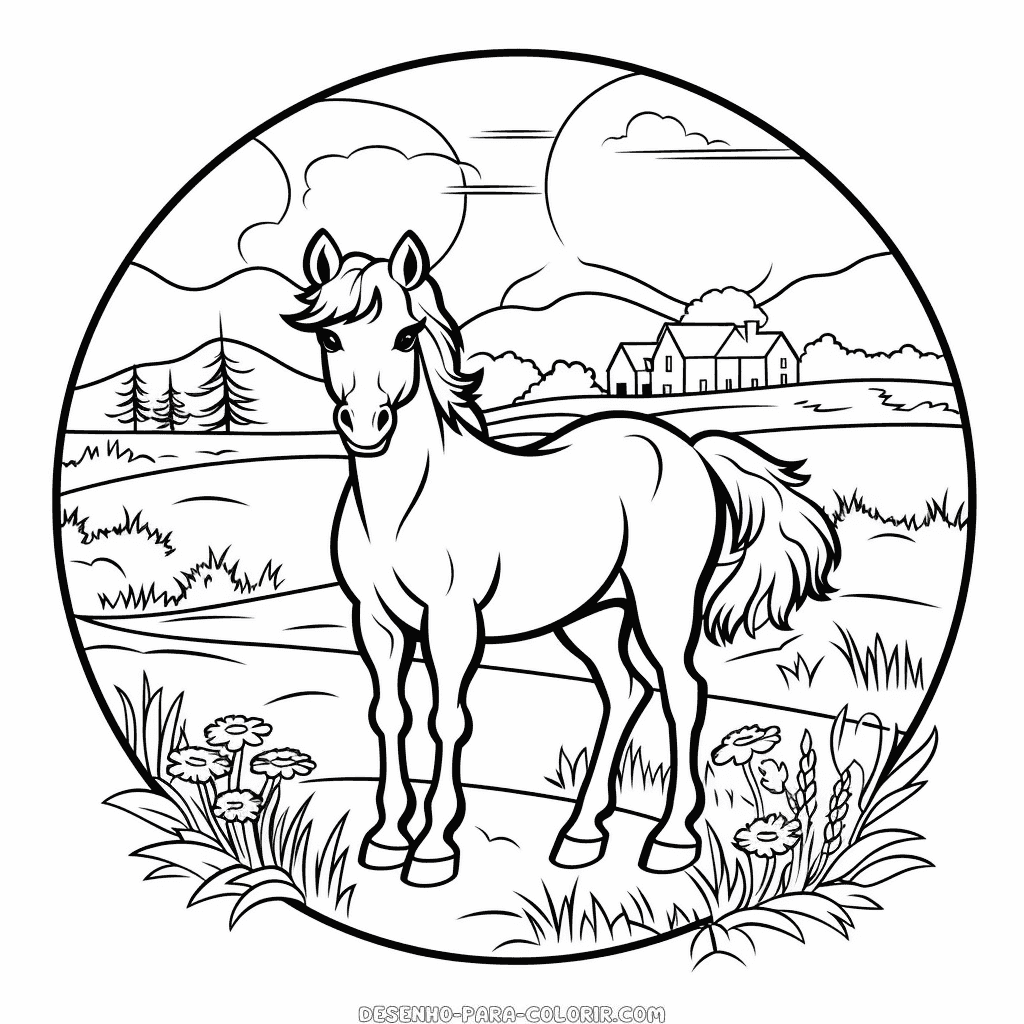 Desenho de cavalo no prado para colorir