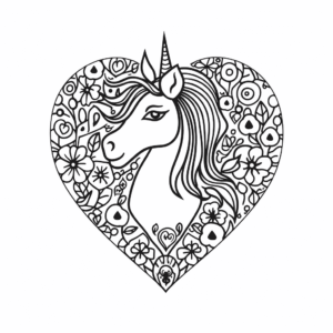 Desenho de coração de unicórnio para colorir