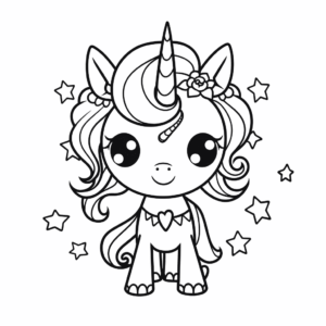 Desenho de fada unicórnio com estrelas para colorir