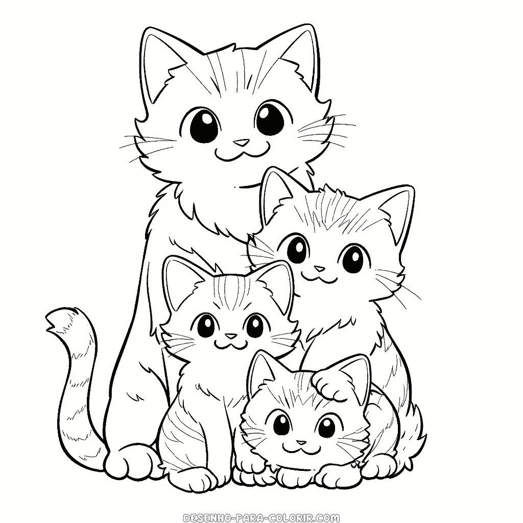 Desenho de família de gatos para colorir