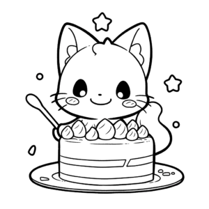 Desenho de feliz aniversário com o gato para colorir